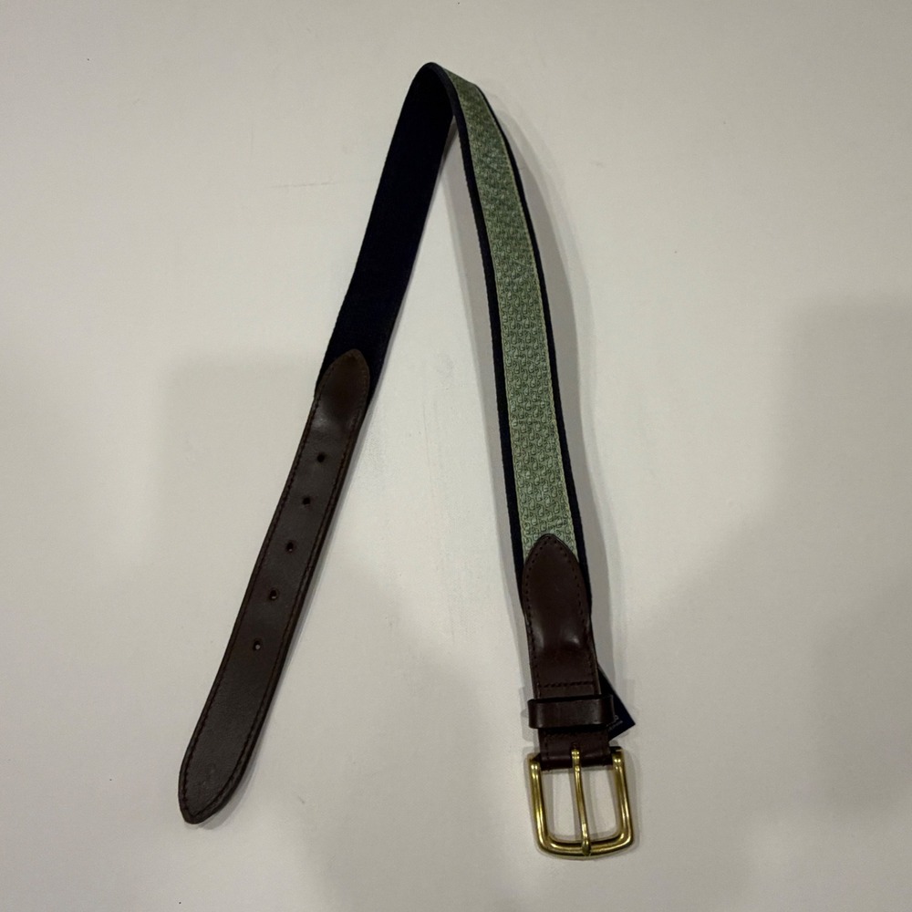Vineyard Vines Mens Canvas Club Belt Golf Tee Pattern Navy Brown Leather Size 30